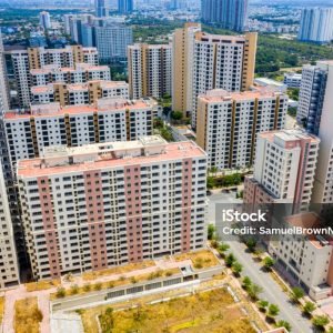 Group of modern residential apartment buildings in the industrial city