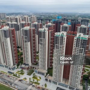 Aerial view of multistory apartment in China