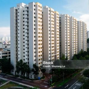 Perspective view of Singapore's HDB housing apartment blocks in a residential neighbourhood. Modern housing development.
