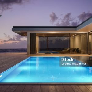 3D render of a single-storey, luxury villa in modern and minimalist architecture at night.